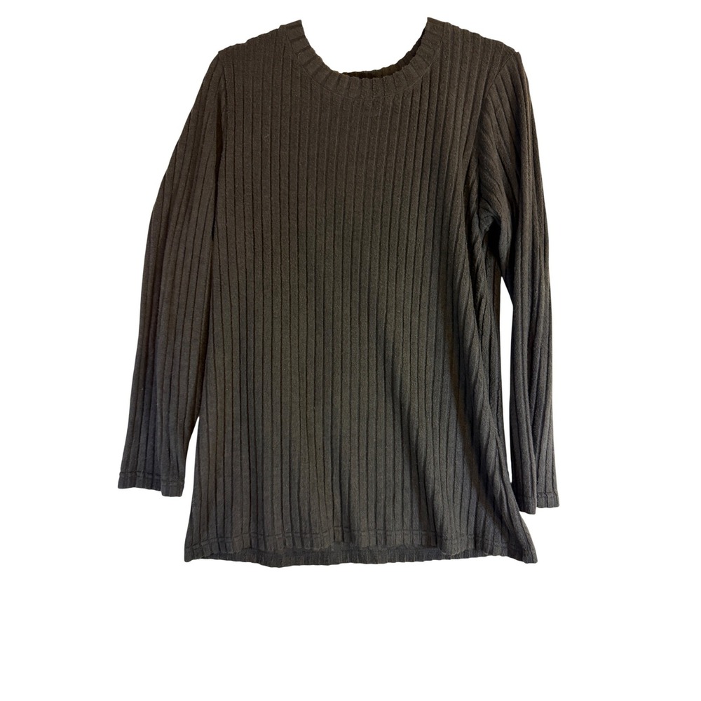 Ofeefan Womens Ribbed Knit Long Sleeve Tunic Top Black Crew Neck Size Large